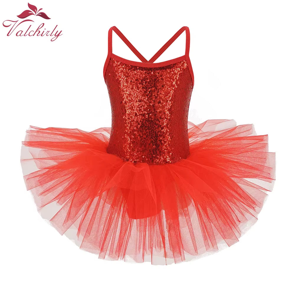 New Red Sequines Ballerina Fairy Prom Party Costume Girls Dance Wear Gymnastic Ballet Leotard Tutu Dress
