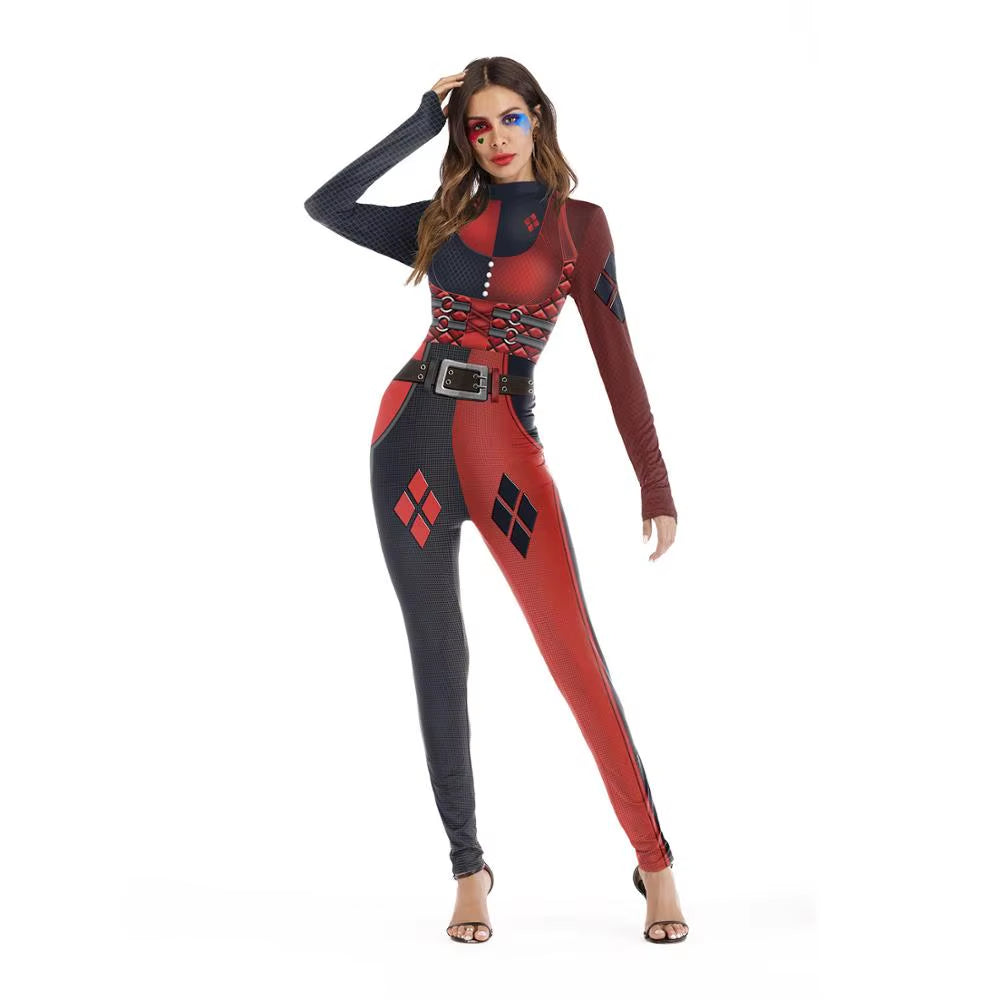 Killer Clown Halloween Costumes for Women Female Joker Cosplay Scary Sexy Long Sleeve Fitness Skeleton Bodysuit One-Piece Suit