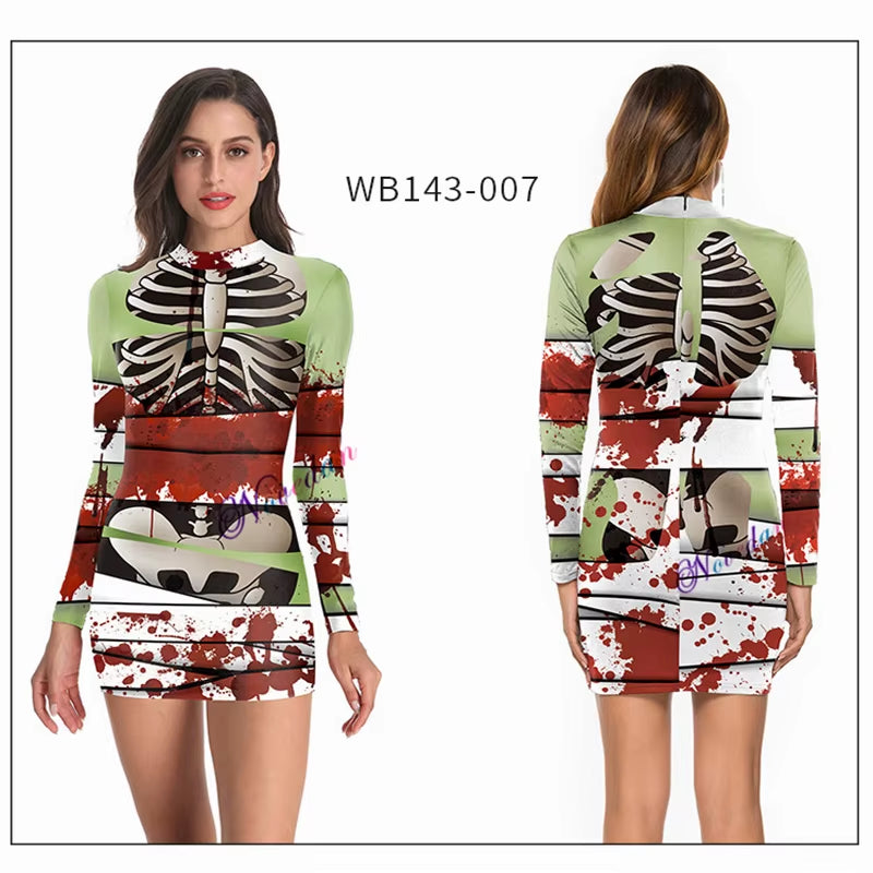 Killer Clown Halloween Costumes for Women Female Joker Cosplay Scary Sexy Long Sleeve Fitness Skeleton Bodysuit One-Piece Suit