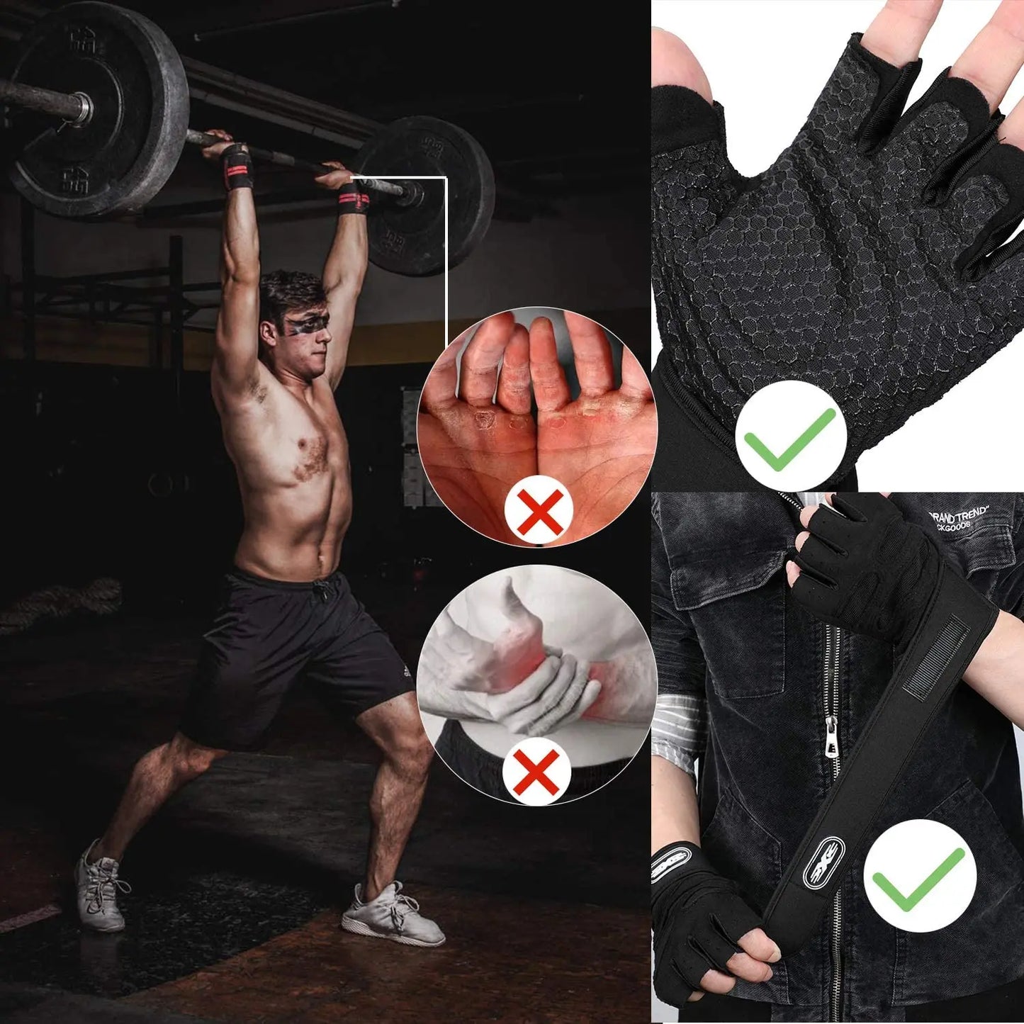 Men Gym Gloves Weightlifting Bodybuilding Training Fitness Sports Gloves Non-Slip Gym Straps Crossfit Pullup Palm Protector