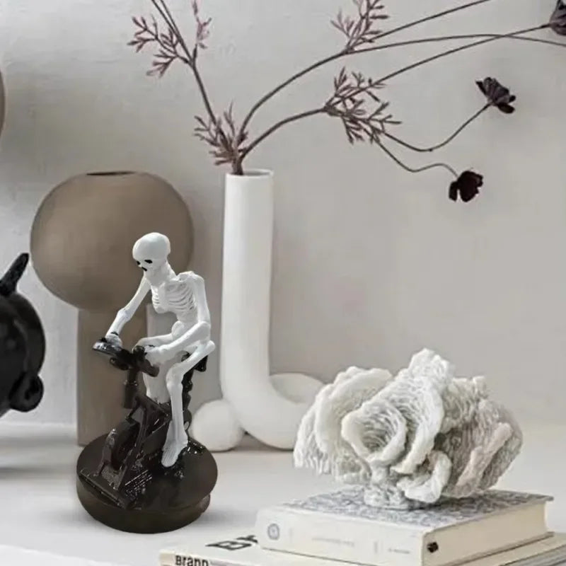 Skeleton Riding on Bikes Sculpture Halloween Decor Spooky Skeleton Bicycles Halloween Figurine Skeleton Riding a Bikes Statues