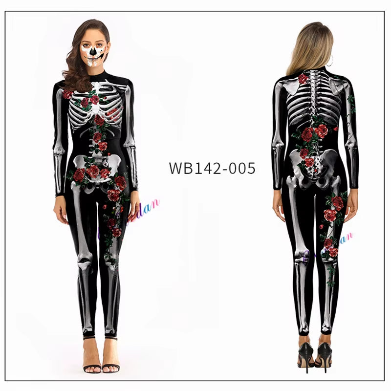 Killer Clown Halloween Costumes for Women Female Joker Cosplay Scary Sexy Long Sleeve Fitness Skeleton Bodysuit One-Piece Suit