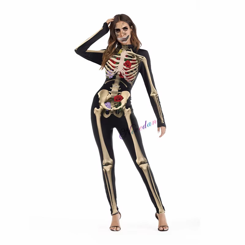 Killer Clown Halloween Costumes for Women Female Joker Cosplay Scary Sexy Long Sleeve Fitness Skeleton Bodysuit One-Piece Suit