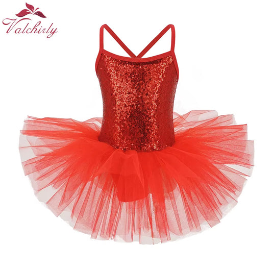 New Red Sequines Ballerina Fairy Prom Party Costume Girls Dance Wear Gymnastic Ballet Leotard Tutu Dress