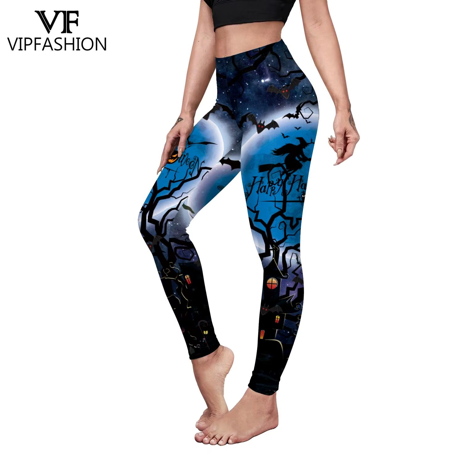 VIP FASHION Halloween Cosplay Leggings for Women Skull 3D Print Pants Slim Sexy Tights Fitness Workout Trousers Carnival Bottom
