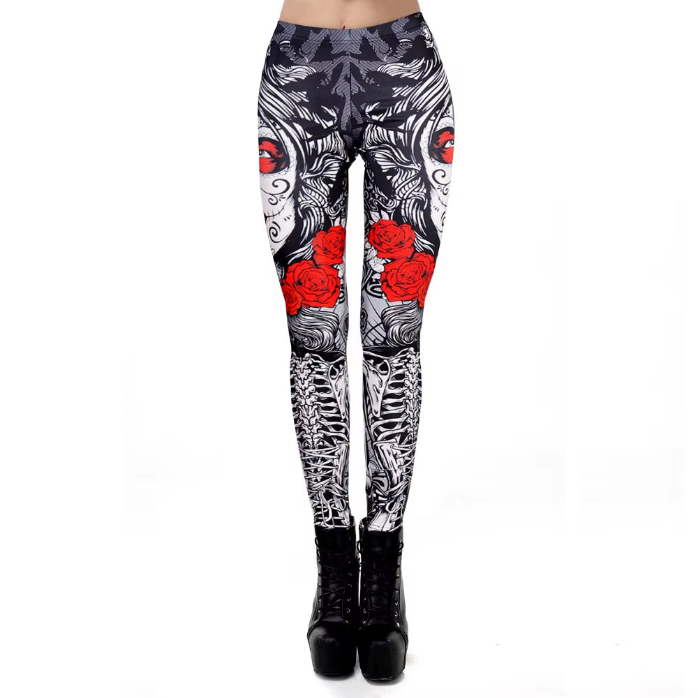 [You'Re My Secret]New Fitness Legging Horror Skull Printed Leggings for Women Rose Strengh Trousers Halloween Party Wear