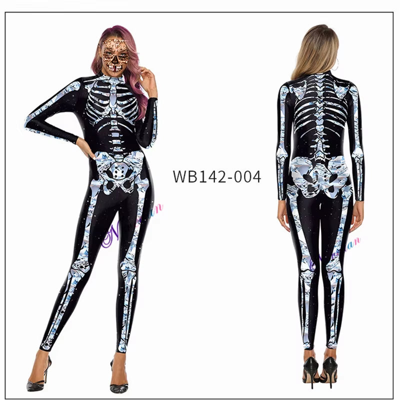 Killer Clown Halloween Costumes for Women Female Joker Cosplay Scary Sexy Long Sleeve Fitness Skeleton Bodysuit One-Piece Suit