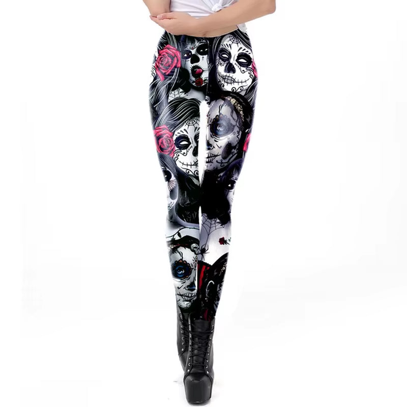 [You'Re My Secret]New Fitness Legging Horror Skull Printed Leggings for Women Rose Strengh Trousers Halloween Party Wear