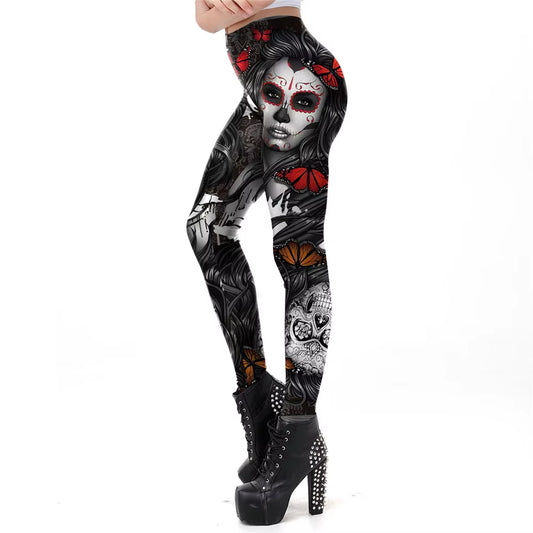[You'Re My Secret]New Fitness Legging Horror Skull Printed Leggings for Women Rose Strengh Trousers Halloween Party Wear