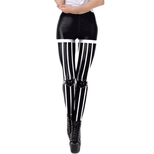 [You'Re My Secret] Black and White Stripes High Waist Coloring Pattern Women'S Pant Halloween Soft Fabric Leggings Women Fitness