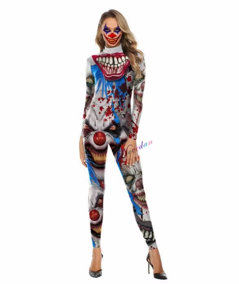 Killer Clown Halloween Costumes for Women Female Joker Cosplay Scary Sexy Long Sleeve Fitness Skeleton Bodysuit One-Piece Suit