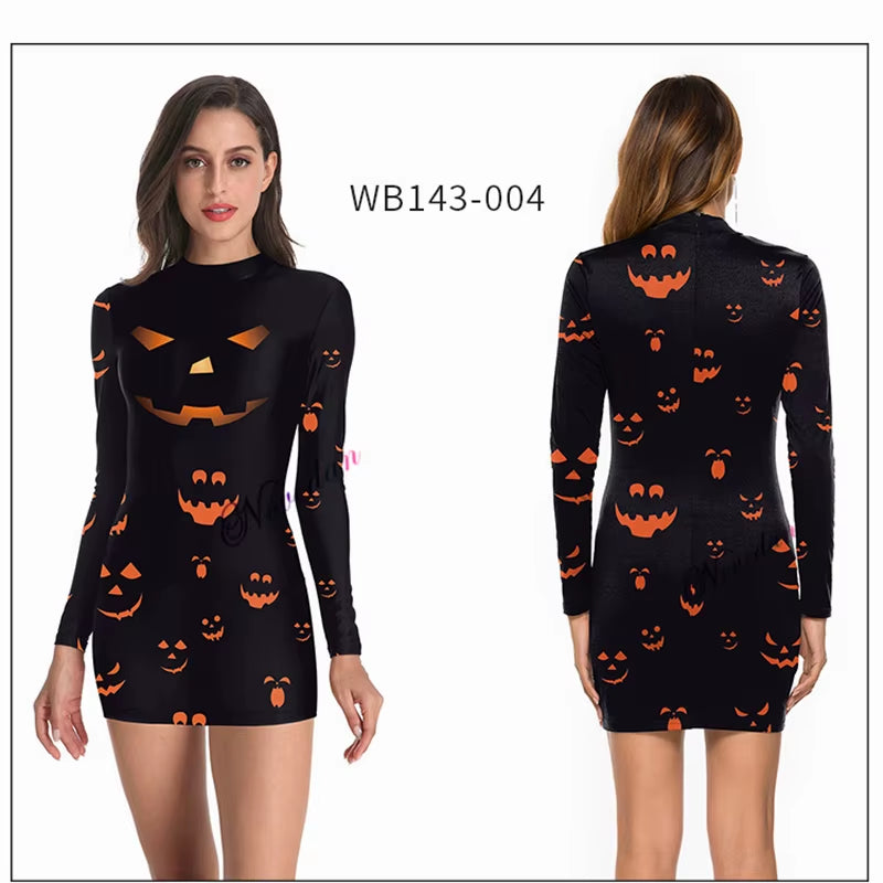 Killer Clown Halloween Costumes for Women Female Joker Cosplay Scary Sexy Long Sleeve Fitness Skeleton Bodysuit One-Piece Suit