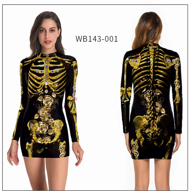 Killer Clown Halloween Costumes for Women Female Joker Cosplay Scary Sexy Long Sleeve Fitness Skeleton Bodysuit One-Piece Suit