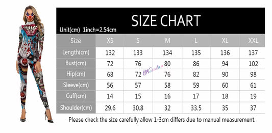Killer Clown Halloween Costumes for Women Female Joker Cosplay Scary Sexy Long Sleeve Fitness Skeleton Bodysuit One-Piece Suit