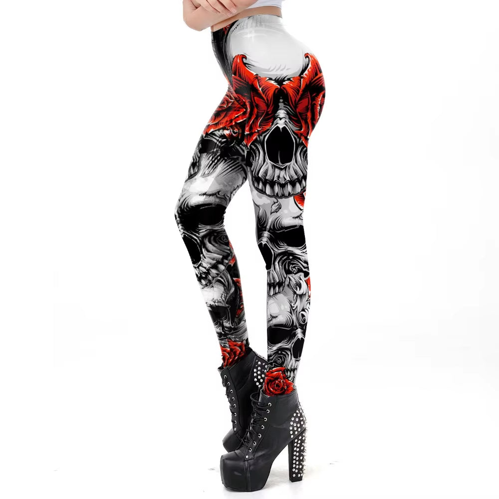 [You'Re My Secret]New Fitness Legging Horror Skull Printed Leggings for Women Rose Strengh Trousers Halloween Party Wear