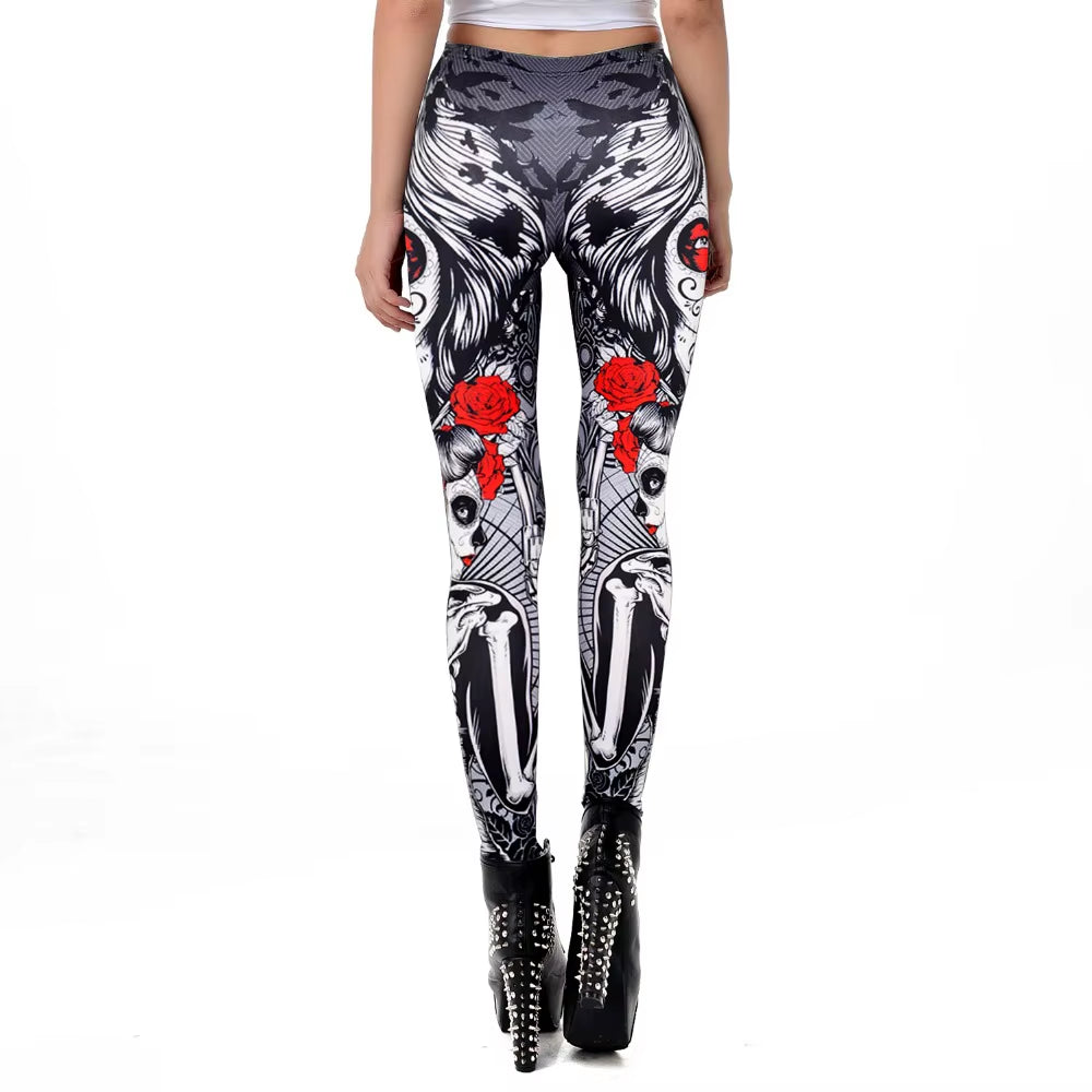 [You'Re My Secret]New Fitness Legging Horror Skull Printed Leggings for Women Rose Strengh Trousers Halloween Party Wear