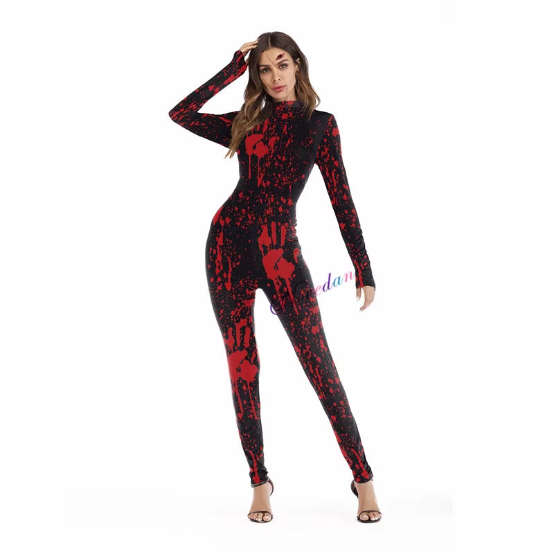 Killer Clown Halloween Costumes for Women Female Joker Cosplay Scary Sexy Long Sleeve Fitness Skeleton Bodysuit One-Piece Suit
