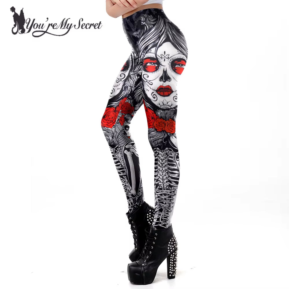 [You'Re My Secret]New Fitness Legging Horror Skull Printed Leggings for Women Rose Strengh Trousers Halloween Party Wear
