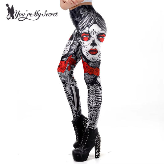 [You'Re My Secret]New Fitness Legging Horror Skull Printed Leggings for Women Rose Strengh Trousers Halloween Party Wear