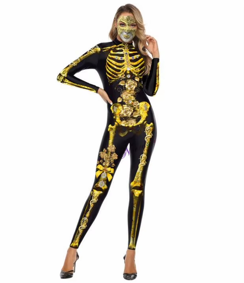 Killer Clown Halloween Costumes for Women Female Joker Cosplay Scary Sexy Long Sleeve Fitness Skeleton Bodysuit One-Piece Suit
