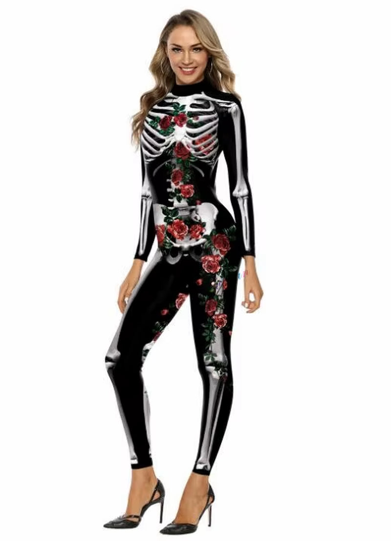 Killer Clown Halloween Costumes for Women Female Joker Cosplay Scary Sexy Long Sleeve Fitness Skeleton Bodysuit One-Piece Suit
