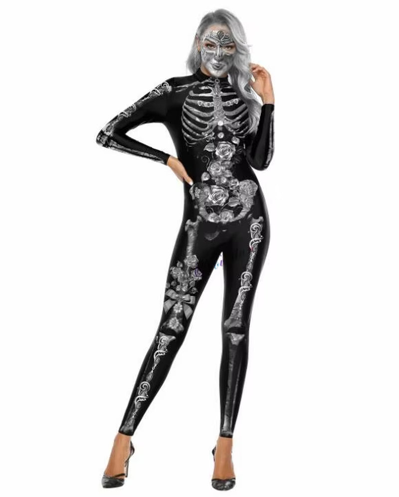Killer Clown Halloween Costumes for Women Female Joker Cosplay Scary Sexy Long Sleeve Fitness Skeleton Bodysuit One-Piece Suit