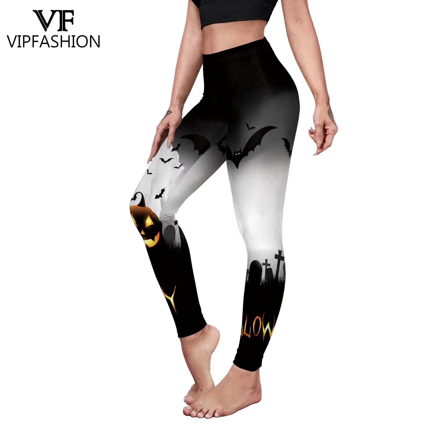 VIP FASHION Halloween Cosplay Leggings for Women Skull 3D Print Pants Slim Sexy Tights Fitness Workout Trousers Carnival Bottom