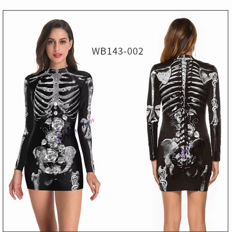Killer Clown Halloween Costumes for Women Female Joker Cosplay Scary Sexy Long Sleeve Fitness Skeleton Bodysuit One-Piece Suit