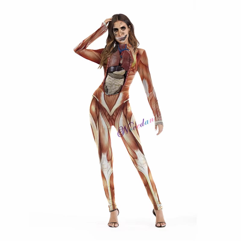 Killer Clown Halloween Costumes for Women Female Joker Cosplay Scary Sexy Long Sleeve Fitness Skeleton Bodysuit One-Piece Suit