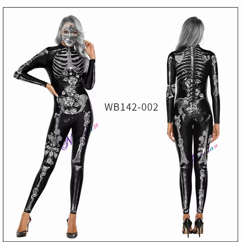 Killer Clown Halloween Costumes for Women Female Joker Cosplay Scary Sexy Long Sleeve Fitness Skeleton Bodysuit One-Piece Suit