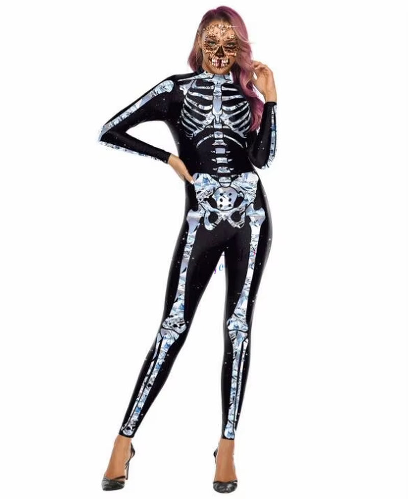 Killer Clown Halloween Costumes for Women Female Joker Cosplay Scary Sexy Long Sleeve Fitness Skeleton Bodysuit One-Piece Suit