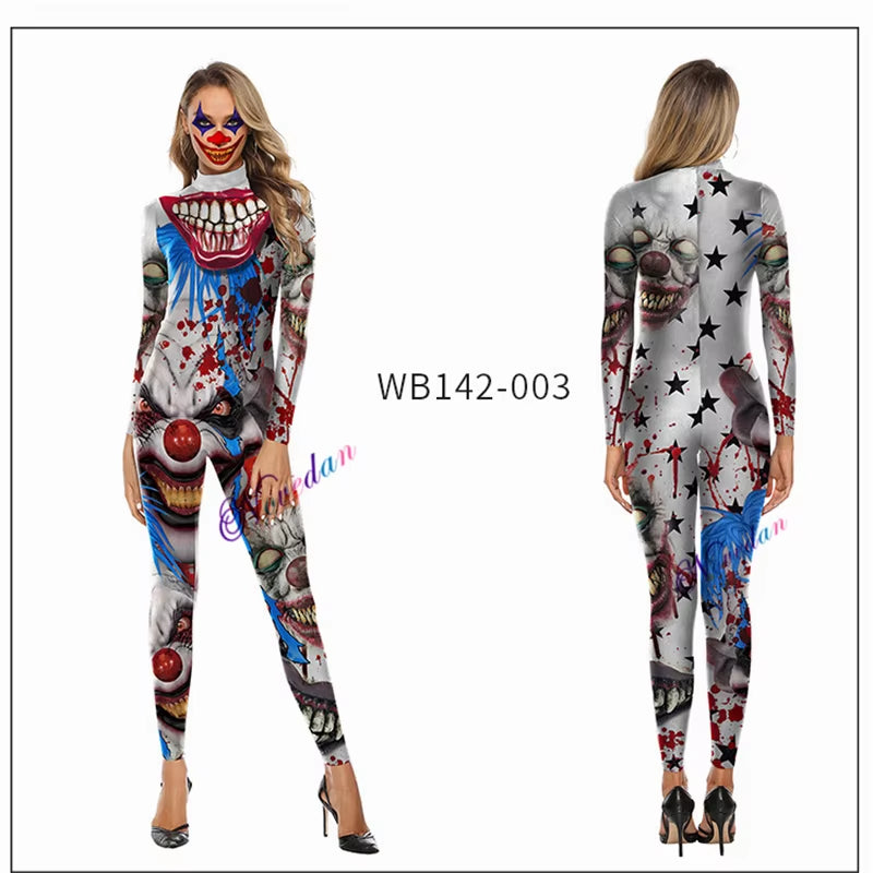 Killer Clown Halloween Costumes for Women Female Joker Cosplay Scary Sexy Long Sleeve Fitness Skeleton Bodysuit One-Piece Suit