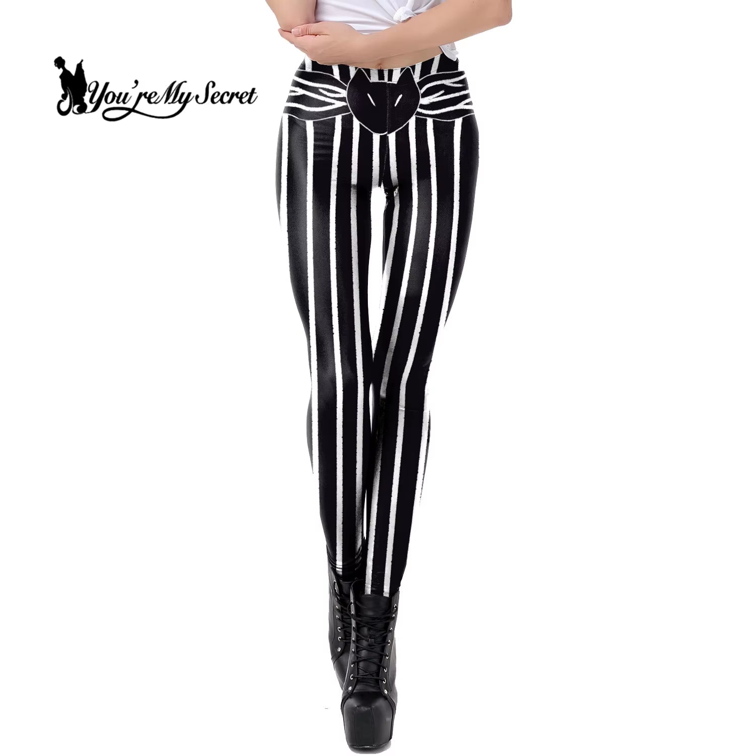 [You'Re My Secret] Black and White Stripes High Waist Coloring Pattern Women'S Pant Halloween Soft Fabric Leggings Women Fitness