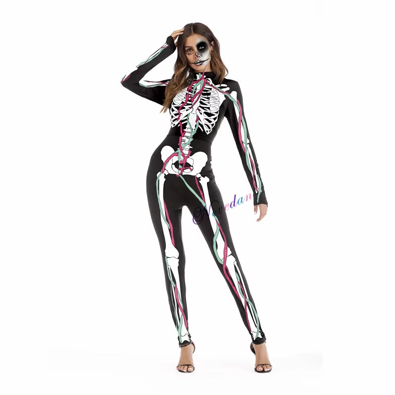 Killer Clown Halloween Costumes for Women Female Joker Cosplay Scary Sexy Long Sleeve Fitness Skeleton Bodysuit One-Piece Suit