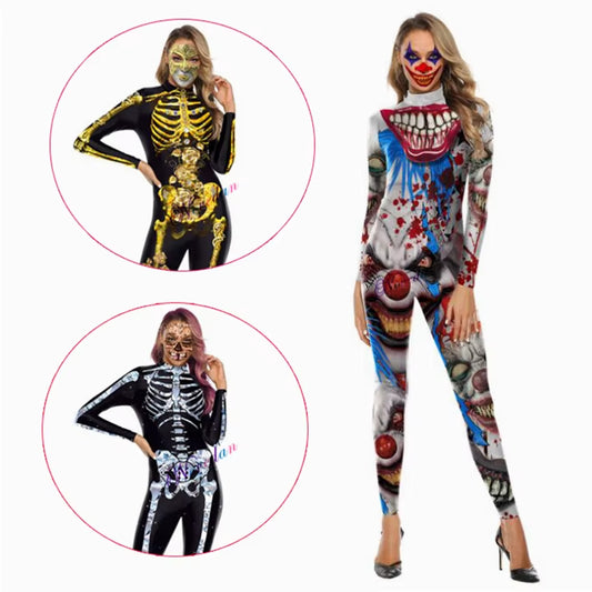 Killer Clown Halloween Costumes for Women Female Joker Cosplay Scary Sexy Long Sleeve Fitness Skeleton Bodysuit One-Piece Suit