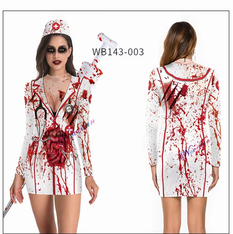 Killer Clown Halloween Costumes for Women Female Joker Cosplay Scary Sexy Long Sleeve Fitness Skeleton Bodysuit One-Piece Suit