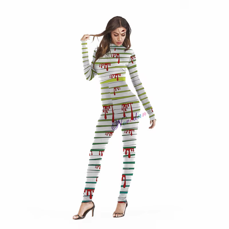Killer Clown Halloween Costumes for Women Female Joker Cosplay Scary Sexy Long Sleeve Fitness Skeleton Bodysuit One-Piece Suit